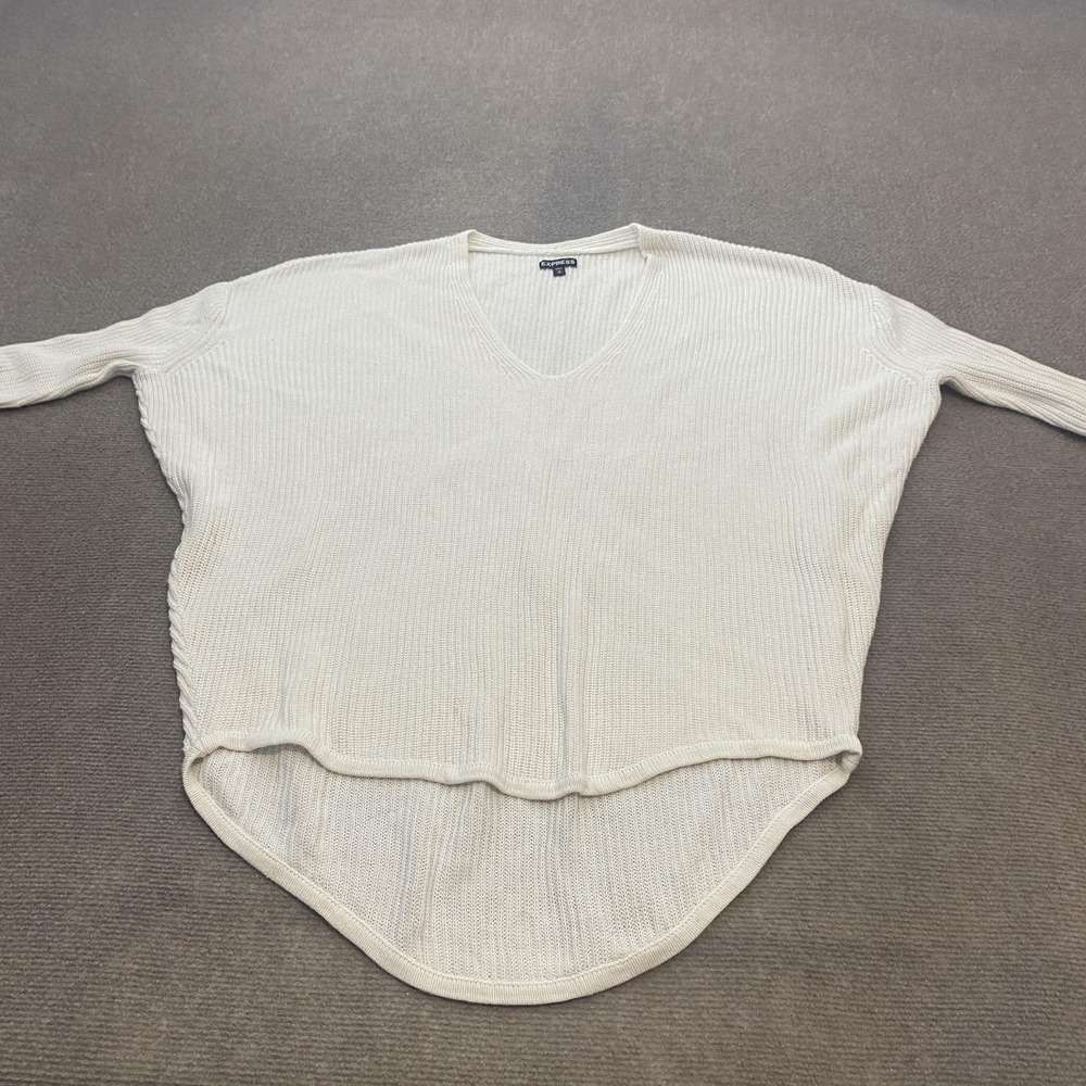Express Sweater Womens Small White V Neck Hi Low Hem Short Sleeve Cotton Knit